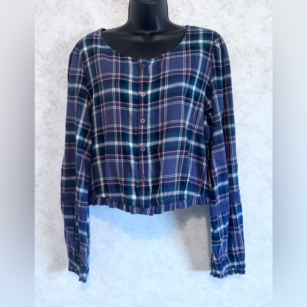 True Plaid Purple Plaid Long Sleeve Cropped Extra Large Elastic Hem Sleeve Butto